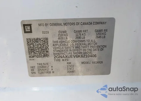 2019 Chevrolet Equinox Lt z USA, uszkodzony, nr VIN 2GNAXUEV6K6210406